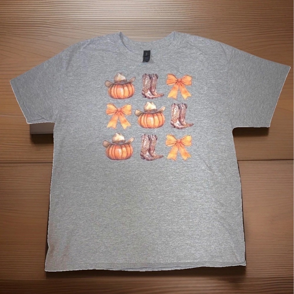 Pumpkin Cowboy Hat Boots Graphic Tee Women‎ Large Fall Autumn